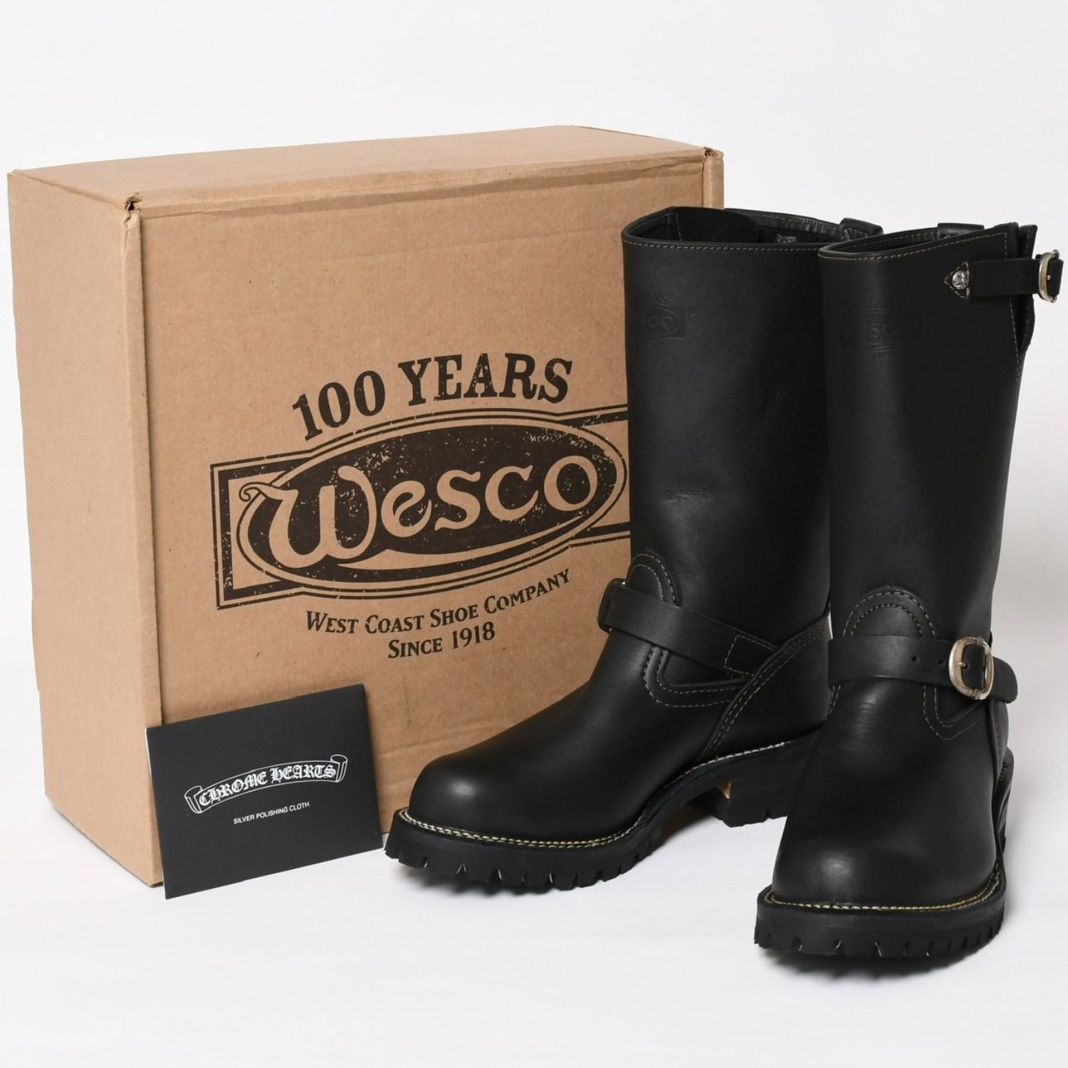 新品同様 CHROME HEARTS クロムハーツ WESCO BOSS ガンスリンガー レザーエンジニアブーツ BK7700100 カウハイドレザー シルバー925 クロスボール ダガー スクロールラベル 8E(26.0) ブラック 中古 4a004017