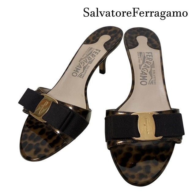 【トップリフト新品交換済】SalvatoreFerragamo フェラガモ ヴァラリボン ミュール サンダル レオパード 5.5C イタリア製 11,999円