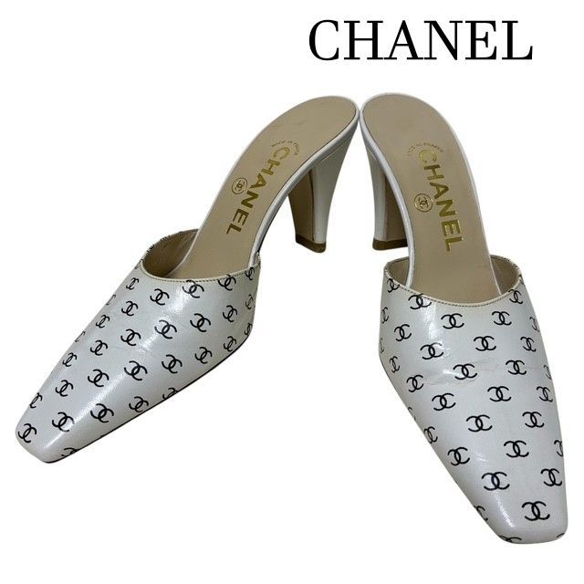 【トップリフト新品交換済】CHANELシャネル サンダル ミュール ココマーク 総柄 白 36 約23cm フランス製