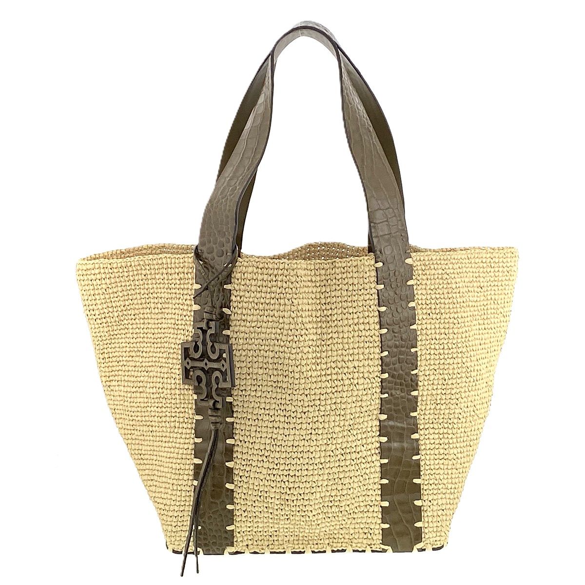 Tory Burch トリーバーチ クロコ型押しレザー ストロー トートバッグ ユニセックス ラフィア レザー カーキ ベージュ 中古