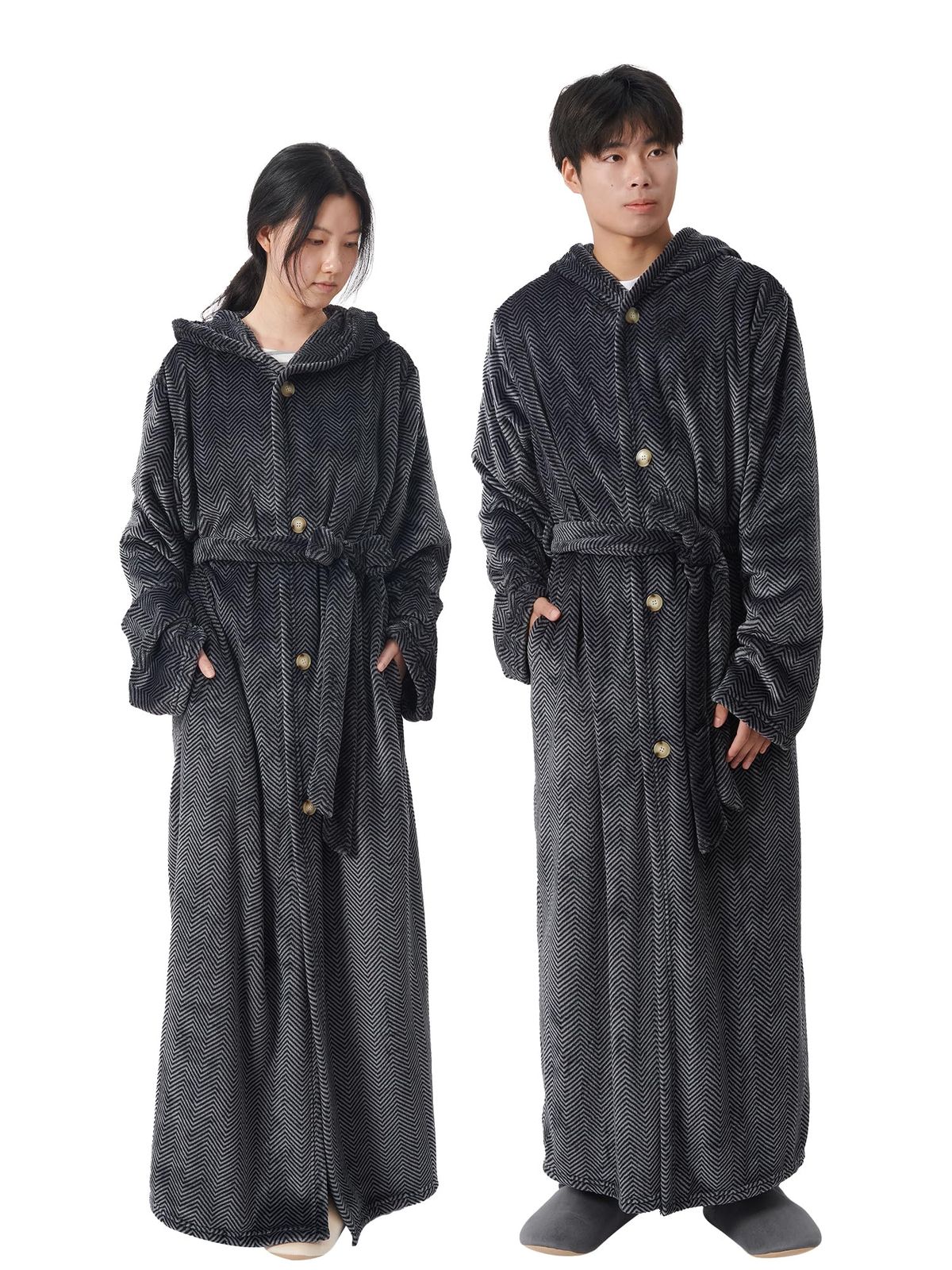 ATOKAZO 着る毛布 ルームウェア Rサイズ 男女兼用 あったか 着るブランケット 部屋着 パジャマ 腰ベルト・ポケット・フード付き ボタン付き フランネル なめらかな肌触り ふわふわ 吸湿発熱 静電気防止 防寒対策 秋冬 洗える レディ c526c5f3