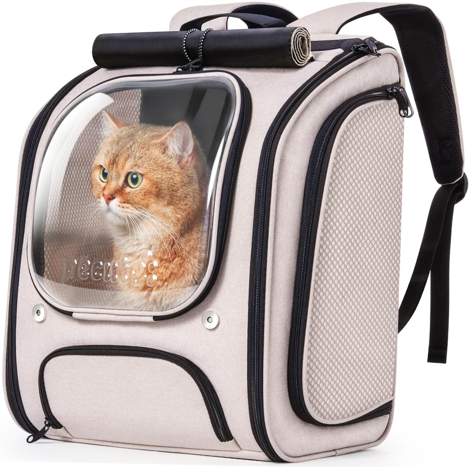 【特価商品】Pecute ペットバックパック バブル リュック 犬 猫 キャリー リュック 透明な窓 通気性 猫キャリーバッグ 猫 小中型犬用 バッグ 折り畳み 旅行 通院 防災 避難用 ペットキャリー カーキ