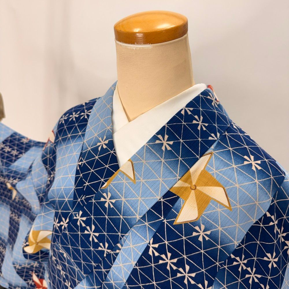 小紋 夏 紗 夏小紋 洗える着物 裄68.5cm 身丈168.3cm 風車 ポリエステル ブルー 中古 L サイズ 5638
