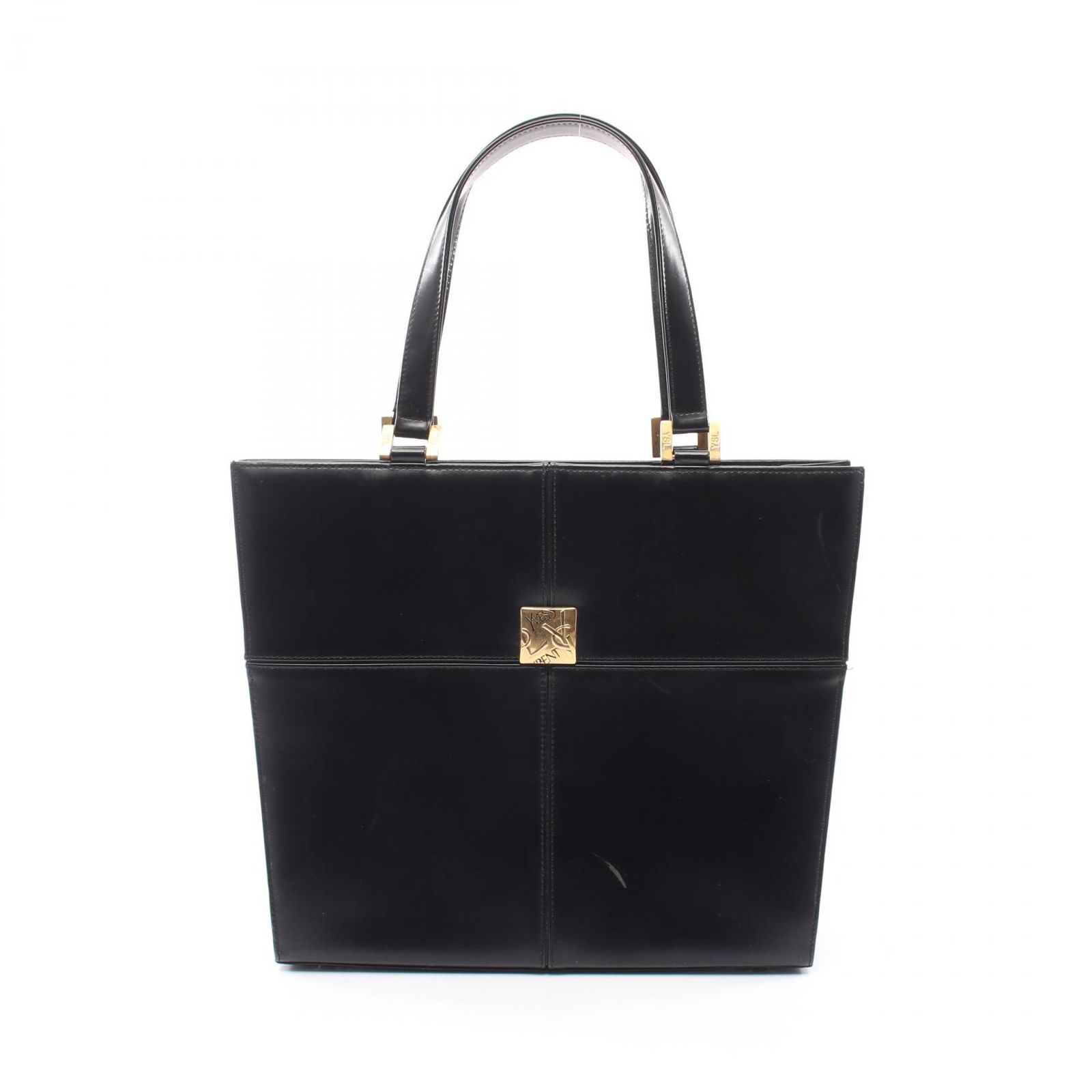イヴ・サンローラン YVES SAINT LAURENT トートバッグ YSLロゴ ブラック レザー YSLロゴプレート トート レディース Used B