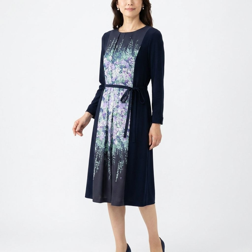 sunauna スーナウーナ 花柄 ワンピース ネイビー 36 Sサイズ LEONARD風