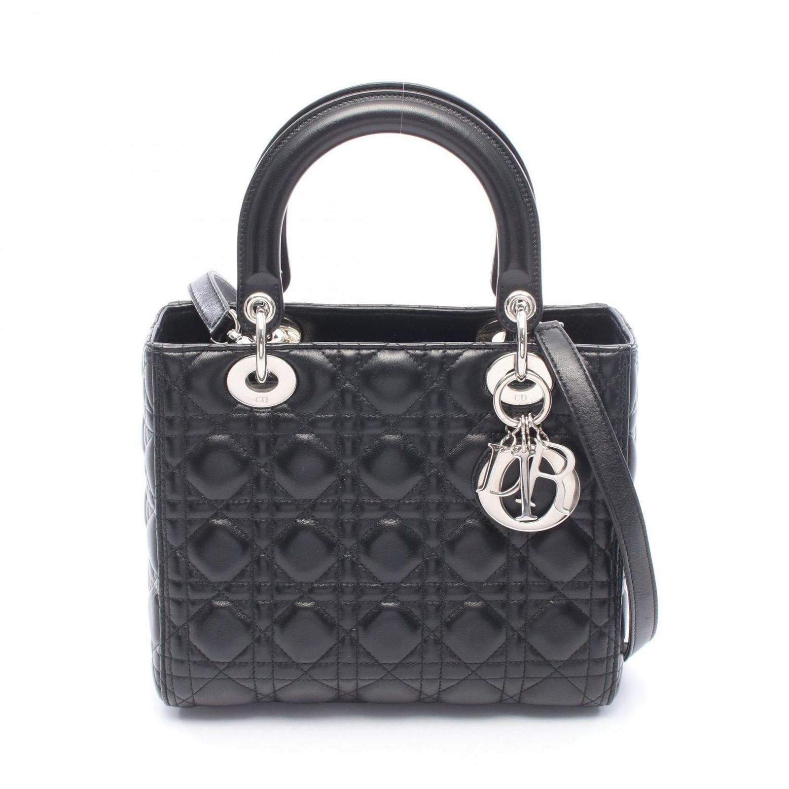 ディオール Dior ハンドバッグ LADY DIOR レディディオール 2WAY ブラック レザー レディディオール カナージュ 2wayトート ミディアム レディース Used A