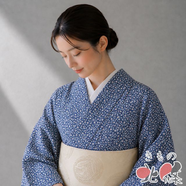 小紋 着物 中古 正絹 袷 カジュアル 作家物 落款 花唐草模様 紺色 多色 身丈157.5cm 裄63cm M きもの北條 A1378-5