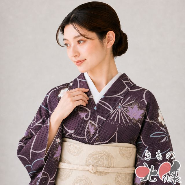 小紋 着物 未使用 正絹 袷 カジュアル 花模様 桜 紅葉 地模様 紫鳶色 多色 金 身丈164cm 裄66.5cm L きもの北條 A1378-3