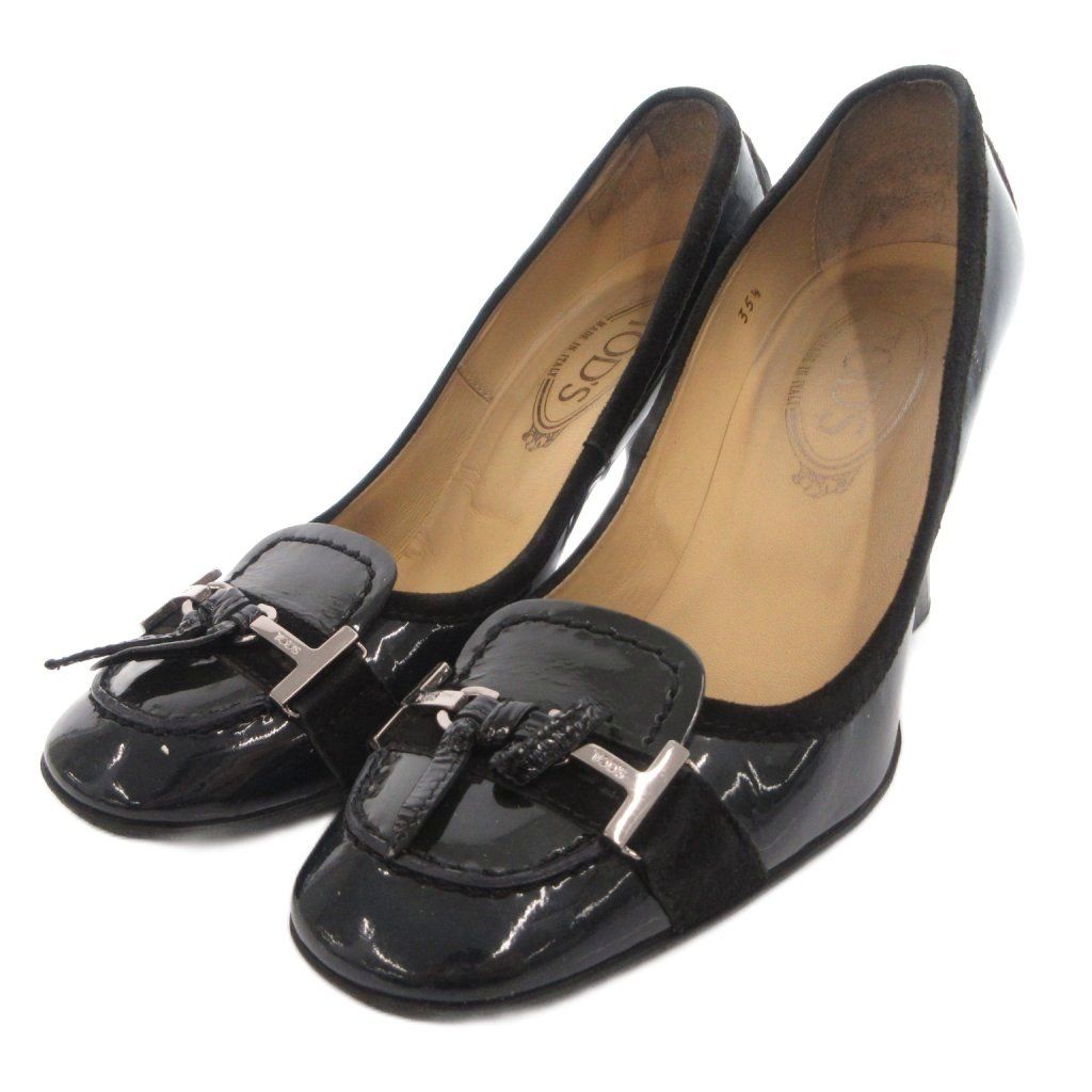 トッズ TOD'S パンプス チャンキーヒール リボン エナメル 35,5 黒 ブラック /FF ■GY62