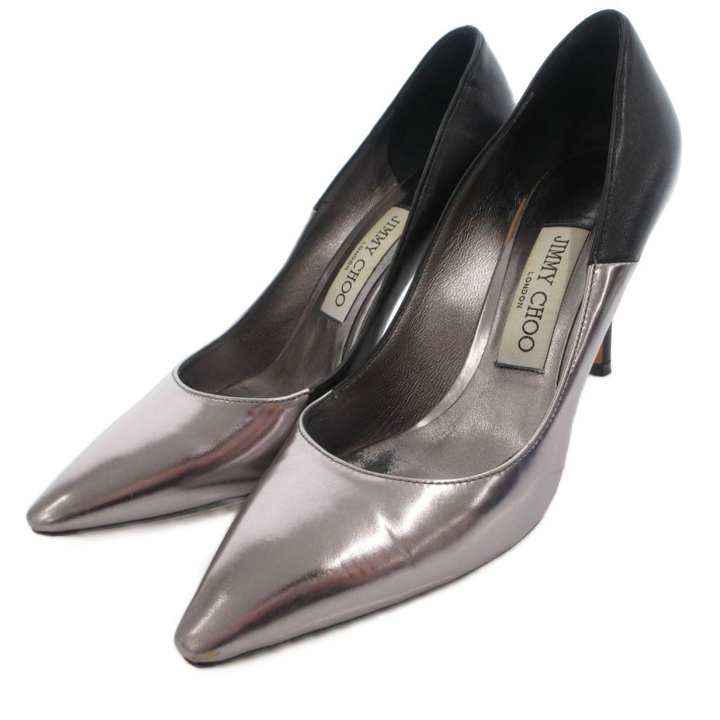 ジミーチュウ JIMMY CHOO パンプス ポインテッドトゥ レザー バイカラー 37 シルバーカラー 黒 ブラック /FF ■GY62