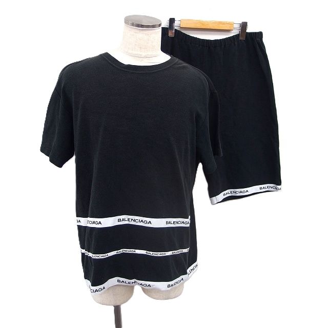 バレンシアガ BALENCIAGA 国内正規品 セットアップ Tシャツ 半袖 ハーフ パンツ ロゴテープ コットン 綿 M-L ブラック 黒 /FT ■ECD005