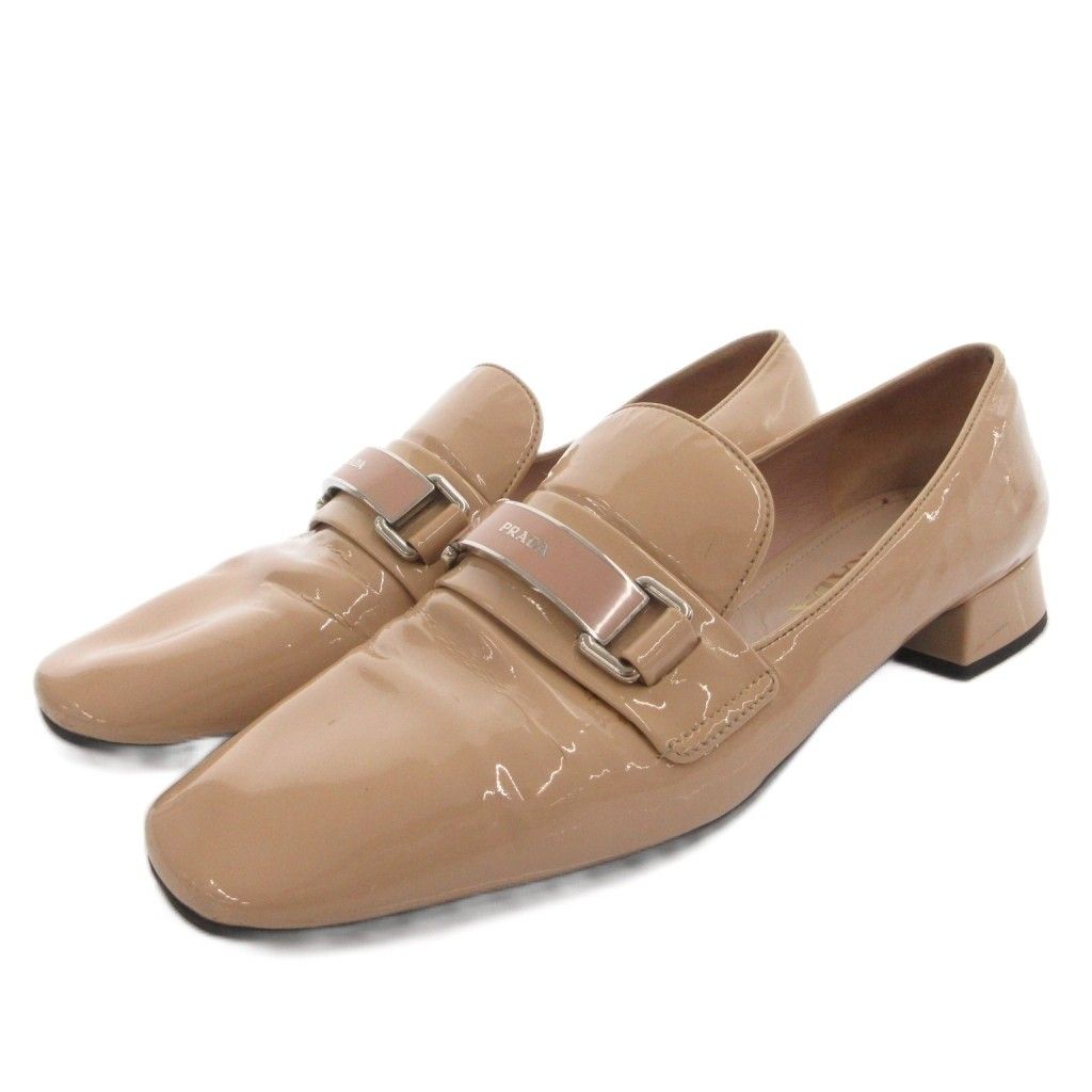 プラダ PRADA ローファー シューズ ストラップ ロゴ エナメル 37.5 ベージュ /FF ■GY62