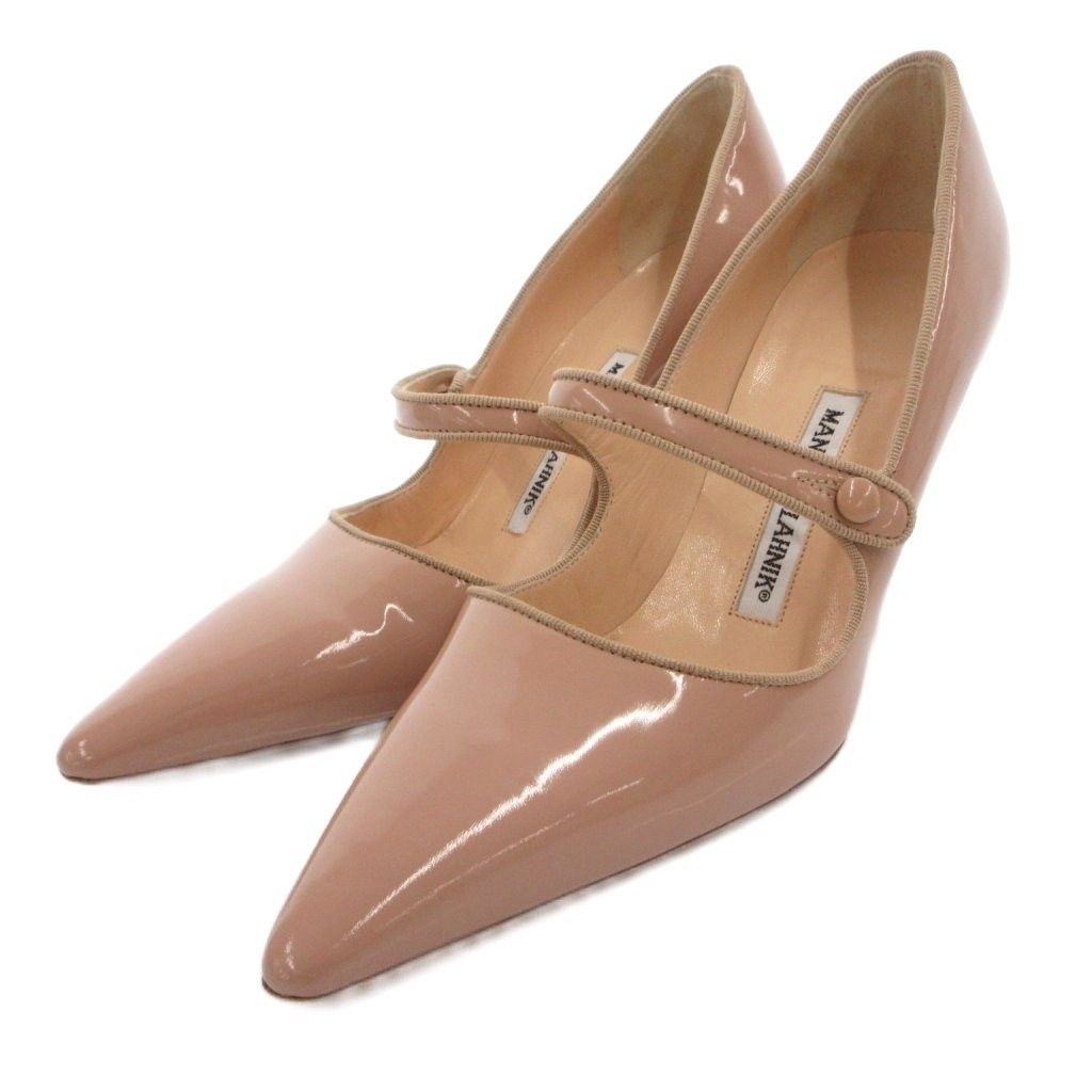 マノロブラニク MANOLO BLAHNIK パンプス ポインテッドトゥ エナメル ピンヒール 35 ベージュ /FF ■GY62
