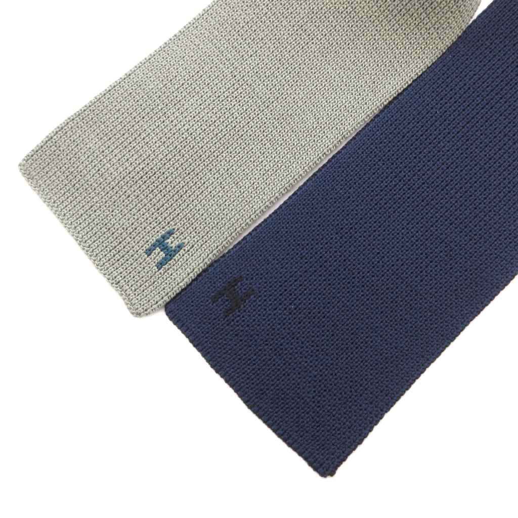 エルメス HERMES リバーシブル ニットタイ H刺繍 ロゴ 絹 シルク 青