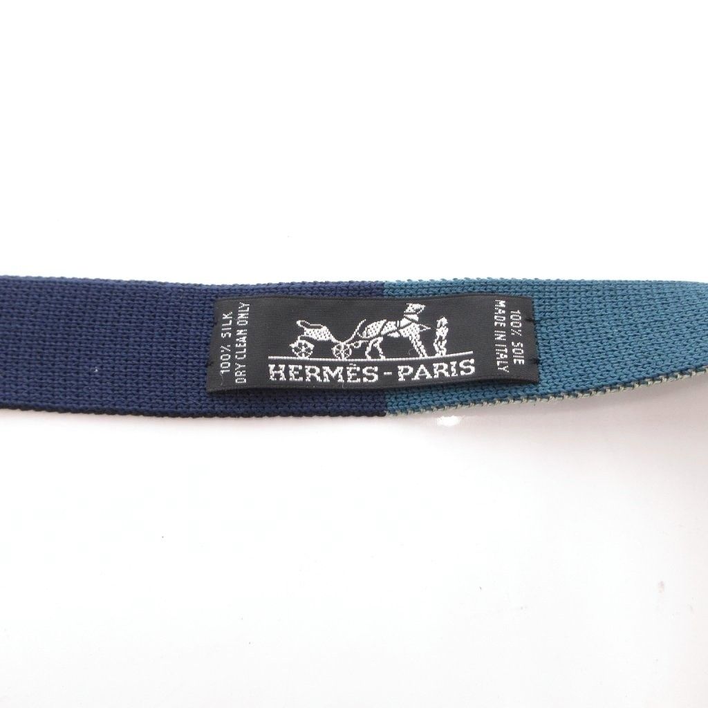 エルメス HERMES リバーシブル ニットタイ H刺繍 ロゴ 絹 シルク 青