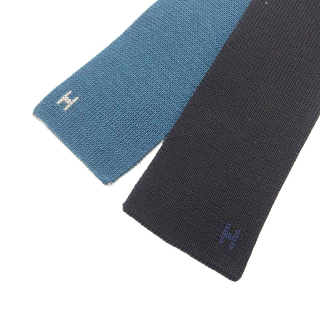 エルメス HERMES リバーシブル ニットタイ H刺繍 ロゴ 絹 シルク 青