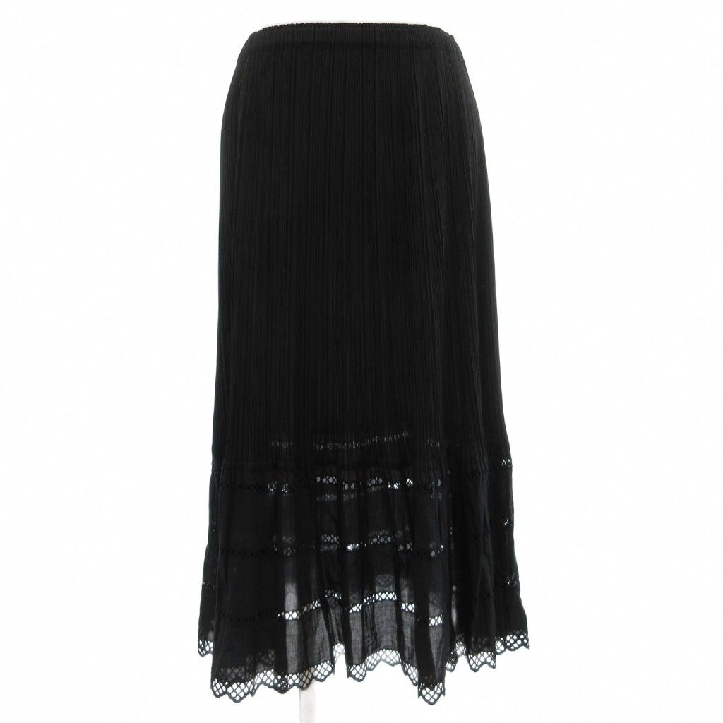 プリーツプリーズ PLEATS PLEASE イッセイミヤケ ISSEY MIYAKEイージープリーツスカート フレア ロング ミモレ 切替 スカラップ シアー 黒 ブラック /GV ■ECD005