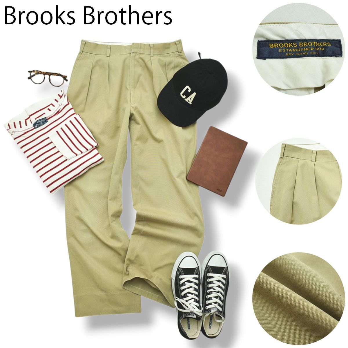 【定番】 日本製 ブルックスブラザーズ Brooks Brothers ワイド ストレート ツータック チノパン ワークパンツ ベージュ トラッド カジュアル メンズ