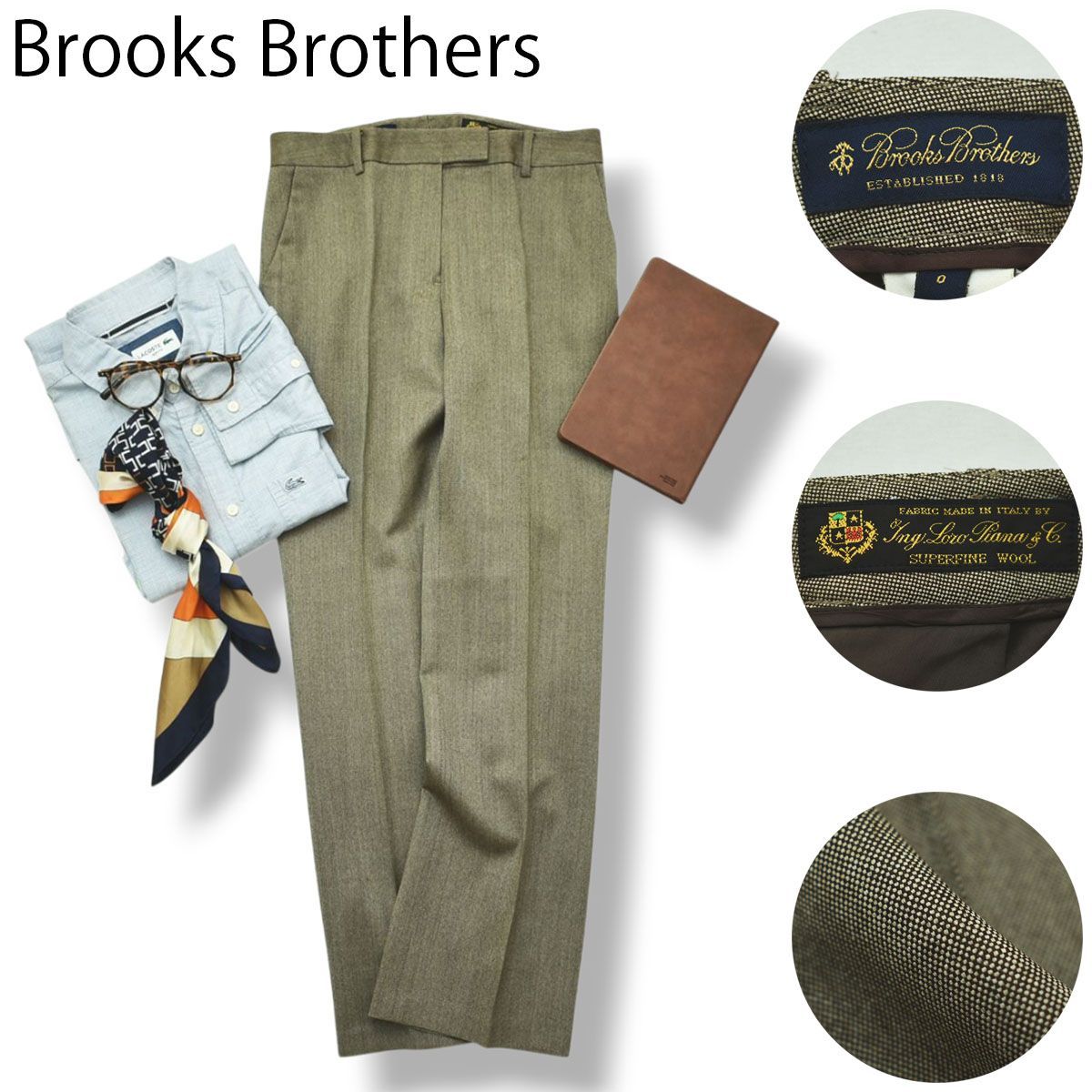 【上質】 ブルックスブラザーズ Brooks Brothers ロロピアーナ生地 ストレート スラックスパンツ トラウザー O バーズアイ 総柄 ブラウン系 オフィス カジュアル レディース ♪