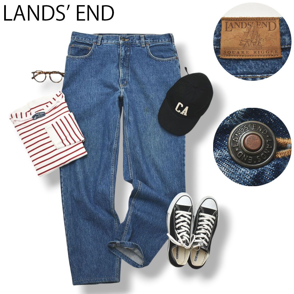 【定番】 ランズエンド LANDS' END ワイド ストレート デニム ジーンズ パンツ レザーパッチ 35 インディゴ アメカジ ストリート カジュアル メンズ