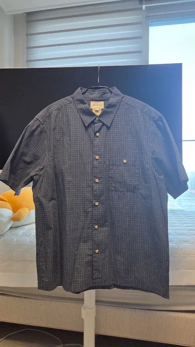 M 新品 カーキボーダー CHECK 半袖 シャツ ブルー