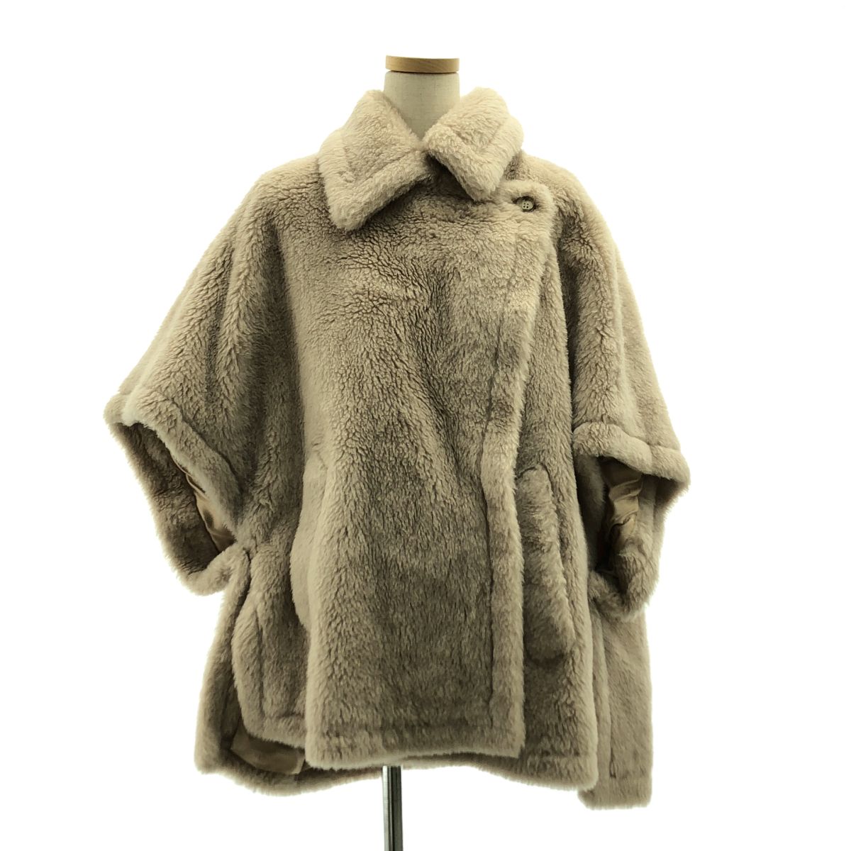 【美品】 Max Mara / マックスマーラ | アルパカ シルクブレド ボア テディベア ケープ ポンチョ / ロゴ総裏地 | UNI | ベージュ | レディース