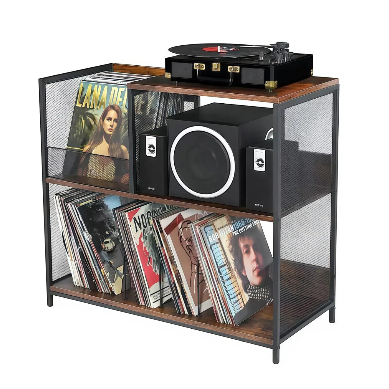 レコードラック レコードプレーヤー ビンテージレコードプレーヤーラック 3 段レコードプレーヤースタンド(調節可能な脚付き) レコードプレーヤー テーブル 4つの調節可能な棚 多機能ディスプレイラック マガジンラック 250枚のレコードを収納 6d9d6cba