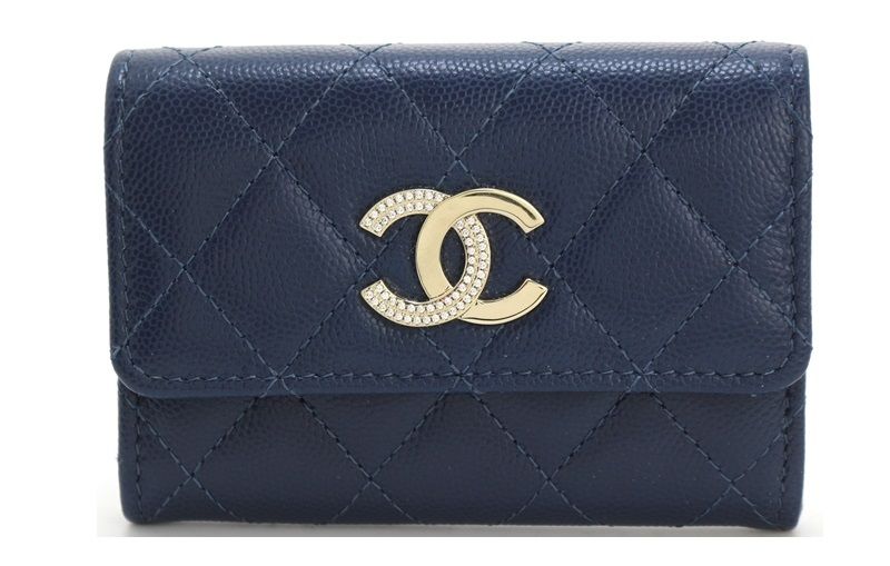 CHANEL シャネル ラインストーンココマーク マトラッセ カードケース 小物 キャビアスキン/GP ネイビー 【200】【中古】