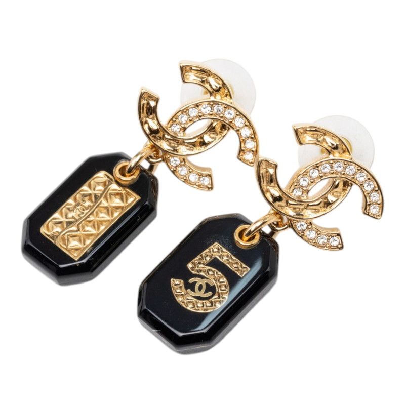 シャネル ココマーク No.5 マトラッセバッグ スタッドピアス スイング ゴールド ブラック メッキ レジン レディース CHANEL【1-0274187】