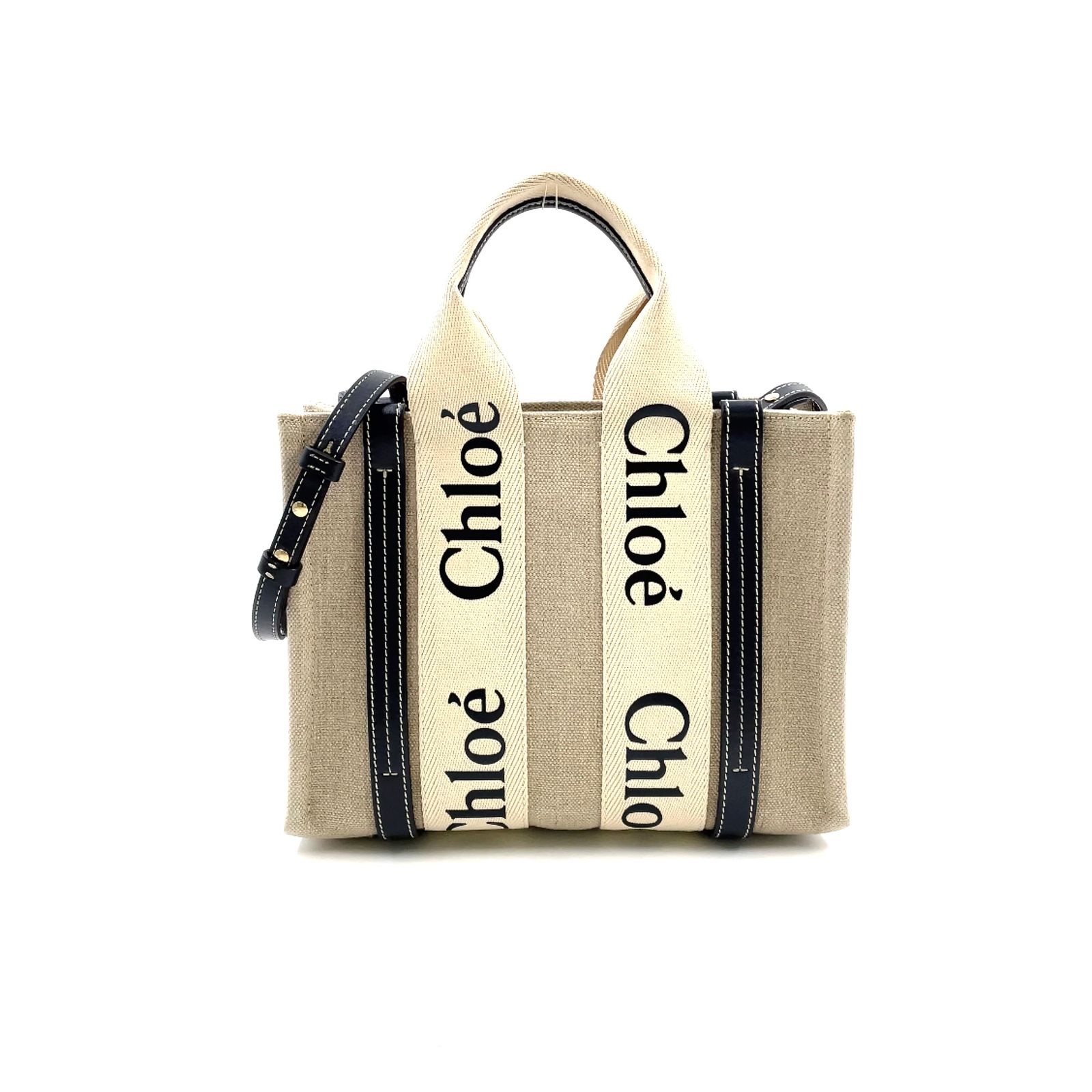 【新着】Chloe Woodyスモール 2WAYショルダー レザー、キャンバス ブラック、ライトグレー ハンドバッグ ゴールド