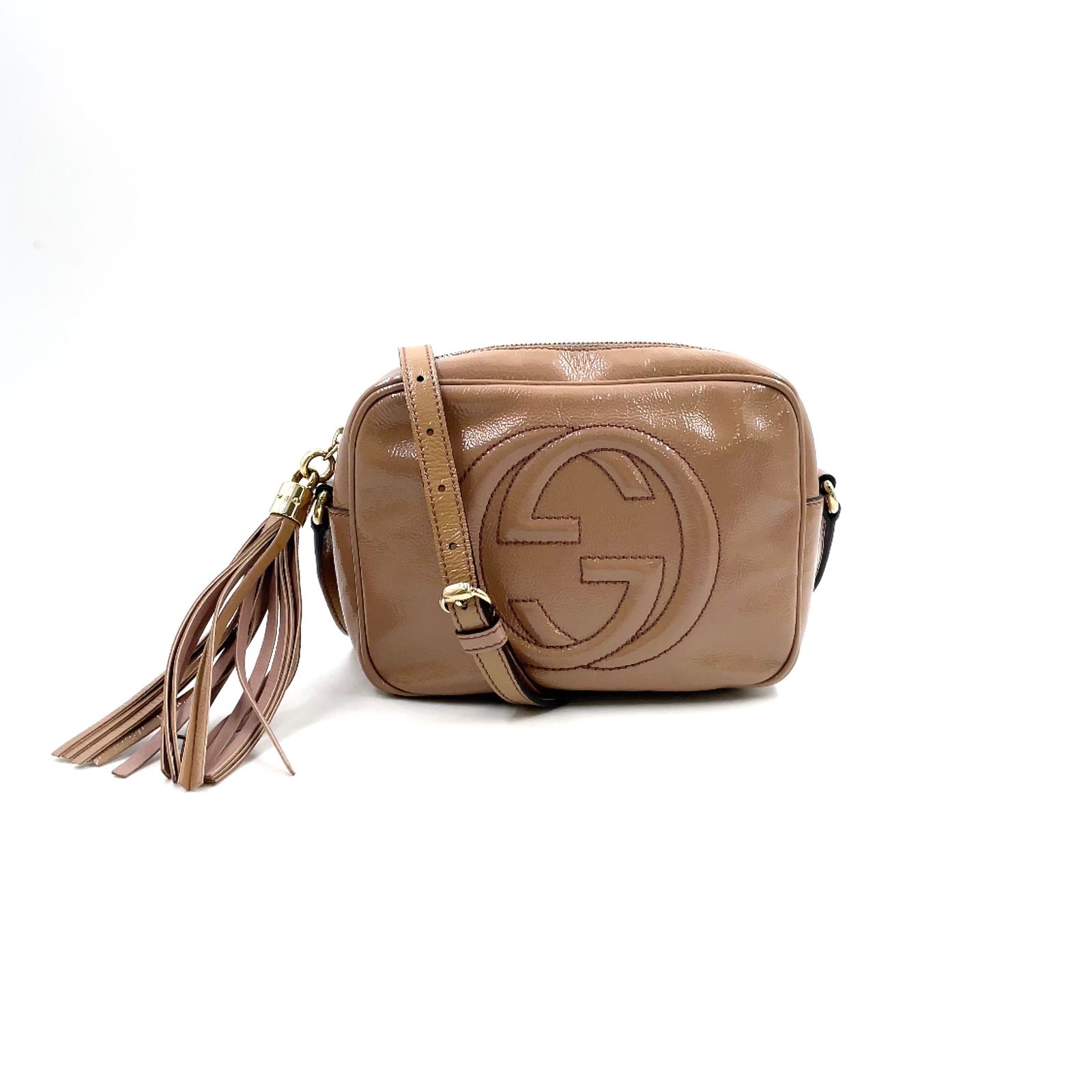 【新着】GUCCI ソーホー ディスコ エナメルレザー ピンクベージュ ショルダーバッグ ゴールド 308364