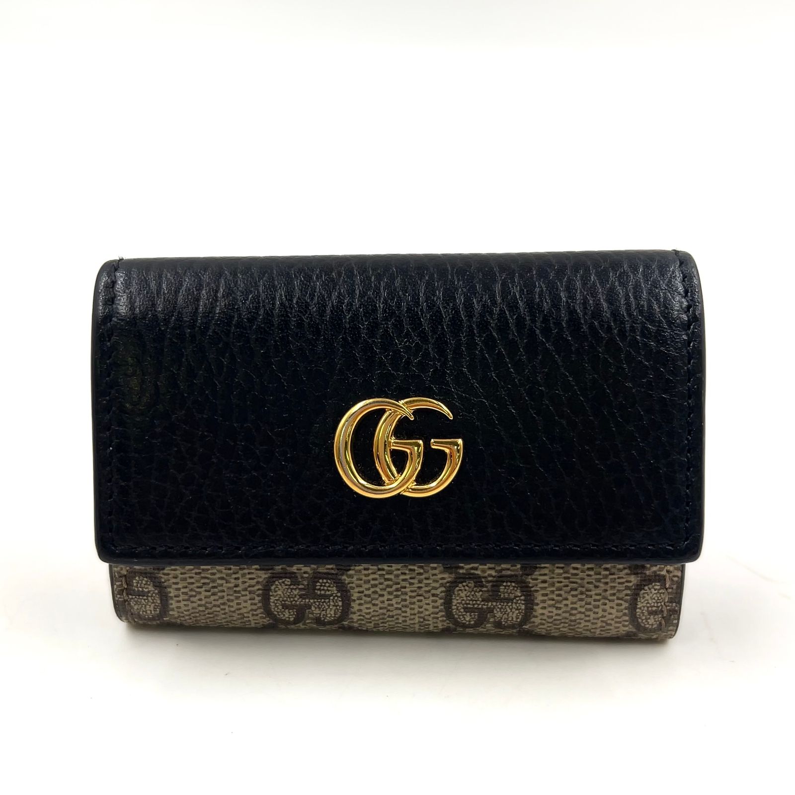 【新着】GUCCI GGマーモント プチマーモント レザー、PVC ブラック、ベージュ キーケース ゴールド 456118