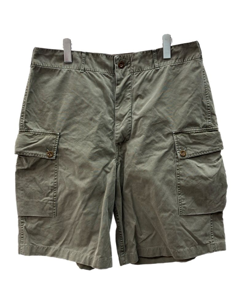 ダブルアールエル RRL 90s Military Cargo Short Pants ミリタリー カーゴ ショート パンツ ボタンフライ ワーク 三ツ星タグ Ralph Lauren 短パン 緑 無地 ハーフ グリーン サイズ34/32 104MB-597