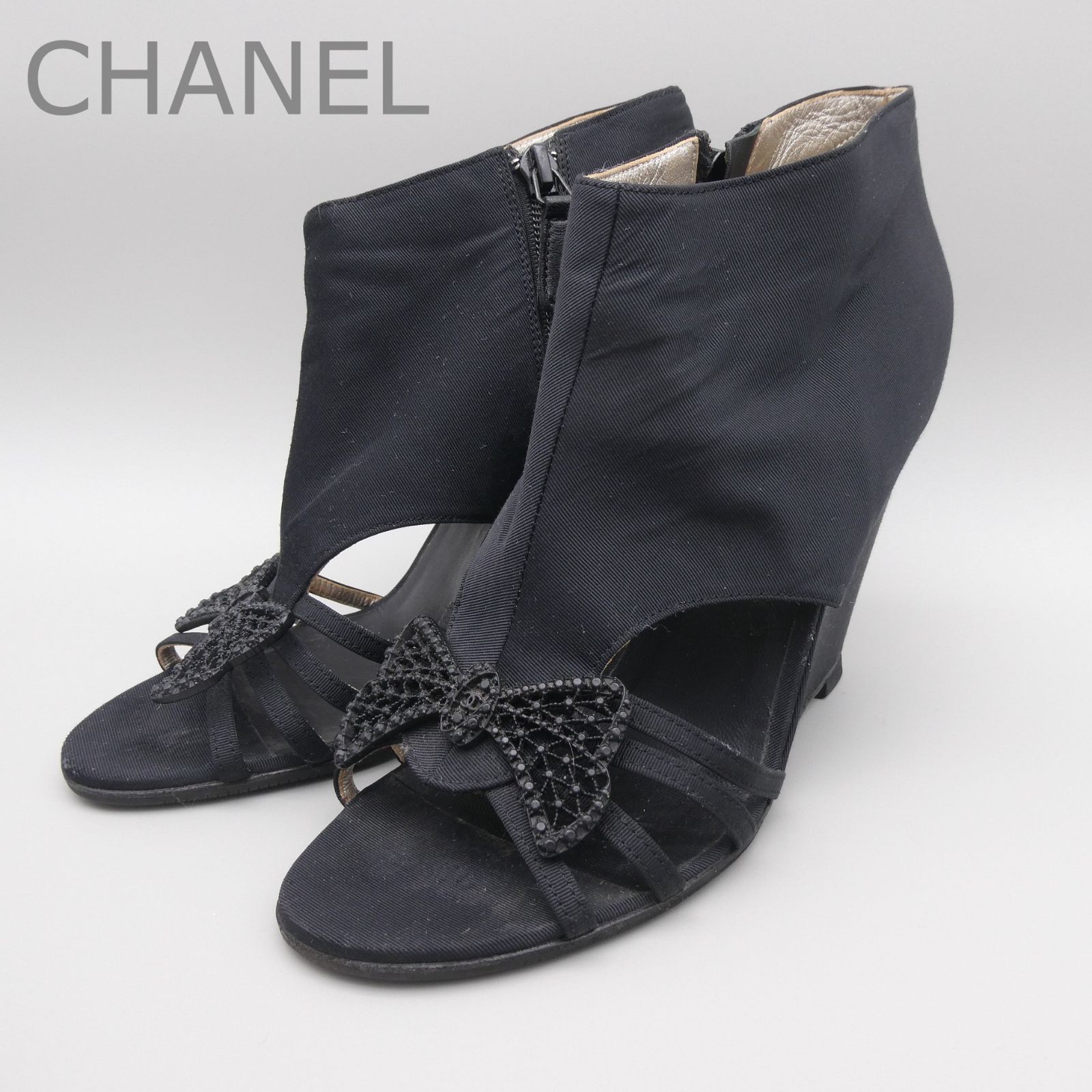 CHANEL シャネル ココマーク ブーティ ショートブーツ サンダル 蝶々 バタフライ ビジュー ウェッジソール サイドジップ ブラック サイズ37.5 約24.5cm レディース