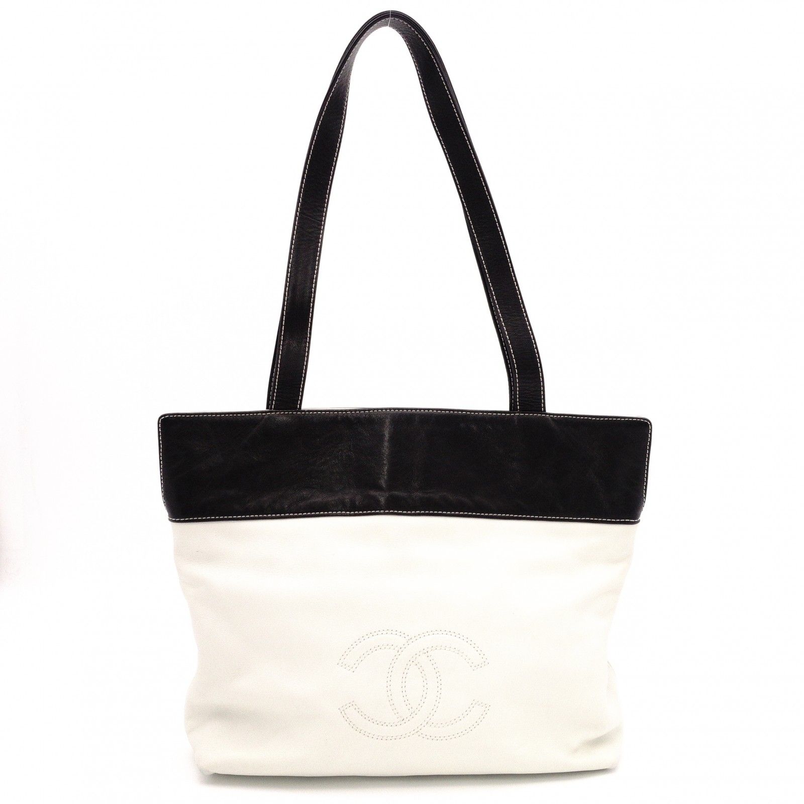 CHANEL シャネル ラムスキン ココマーク トートバッグ レザー ホワイト レディース バイカラー ブラック 白 黒
