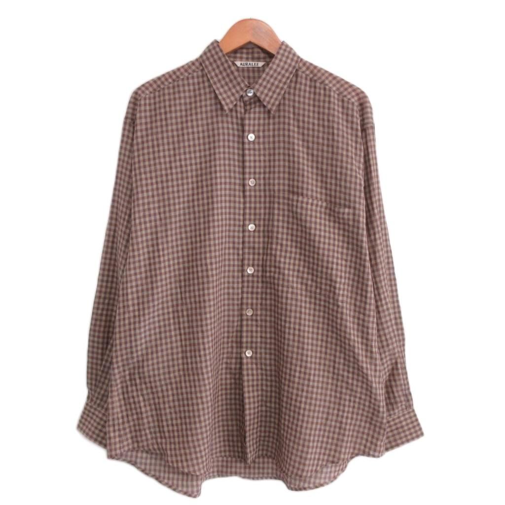 オーラリー AURALEE 美品 26SS AIRY LIGHT COTTON CHECK BIG SHIRT ギンガムチチェック コットンシャツ 3 茶 ブラウン