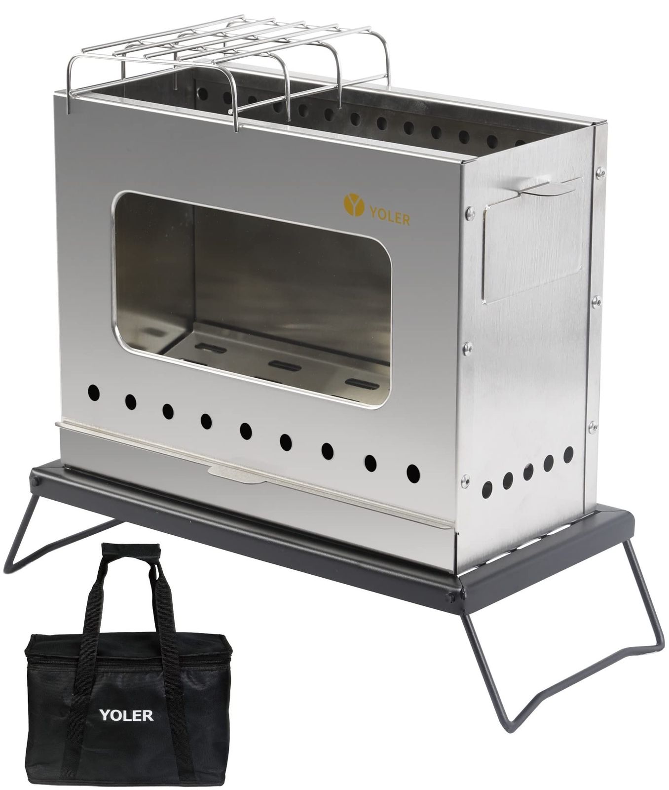 【新品】ヨーラー|YOLER ステンレス鋼 焚き火台 薪ストーブ コンロ 二次燃焼 二層構造 ガラス窓 収納バッグ付 キャンプ アウトドア 焚き火 雰囲気 めちゃくちゃ燃える 焚き火料理 ファイヤー 焚火台 TKB01 シルバー 炭