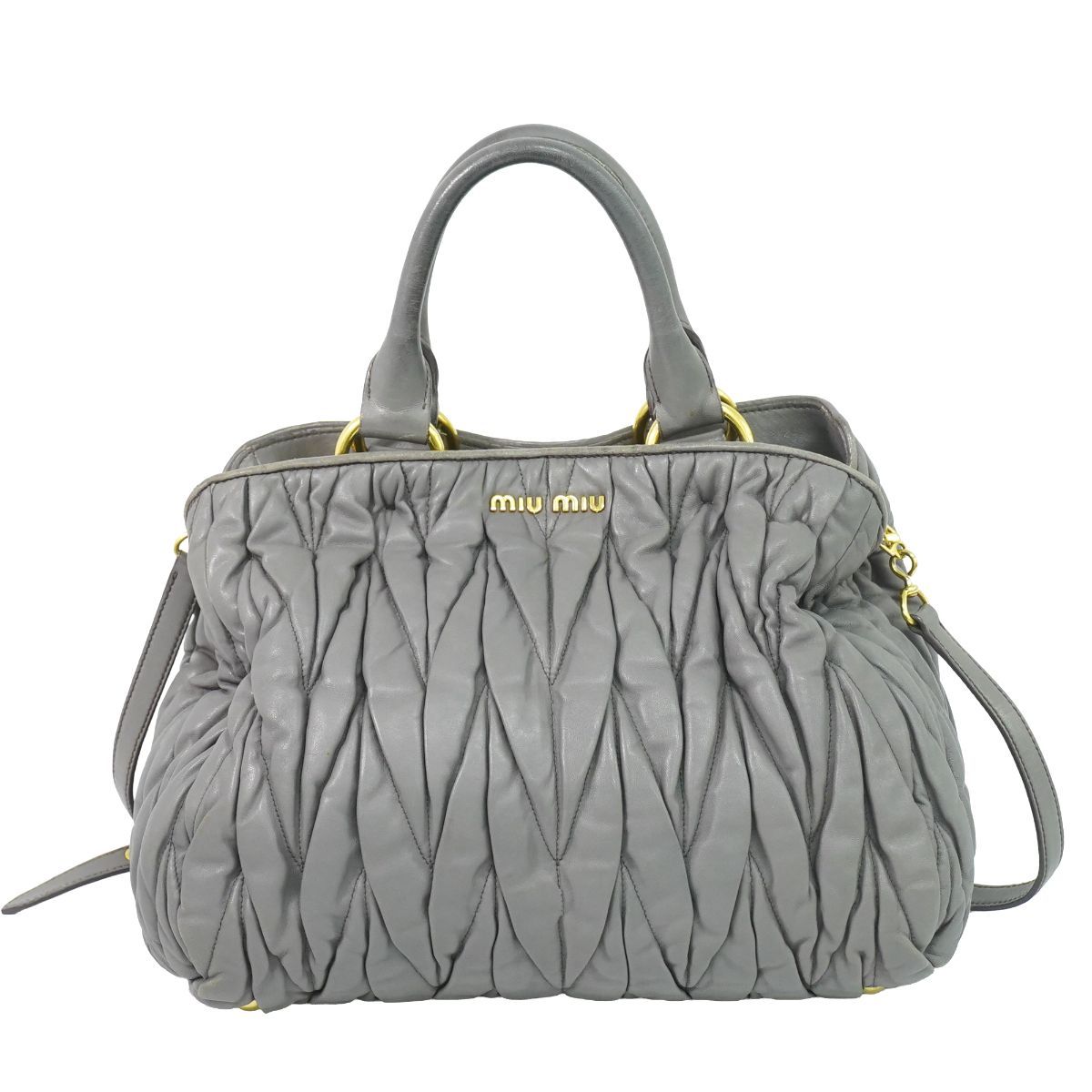 本物 ミュウミュウ MIU MIU マテラッセ 2WAY ショルダーバッグ ハンドバッグ ポシェット レザー グレー Matelasse バッグ 中古・