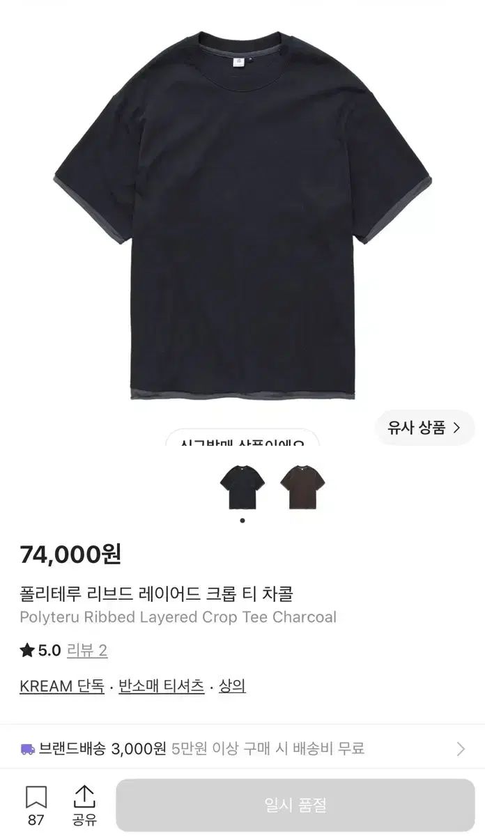 3 POLYTERU リブド レイヤード クロップドTシャツ チャコール