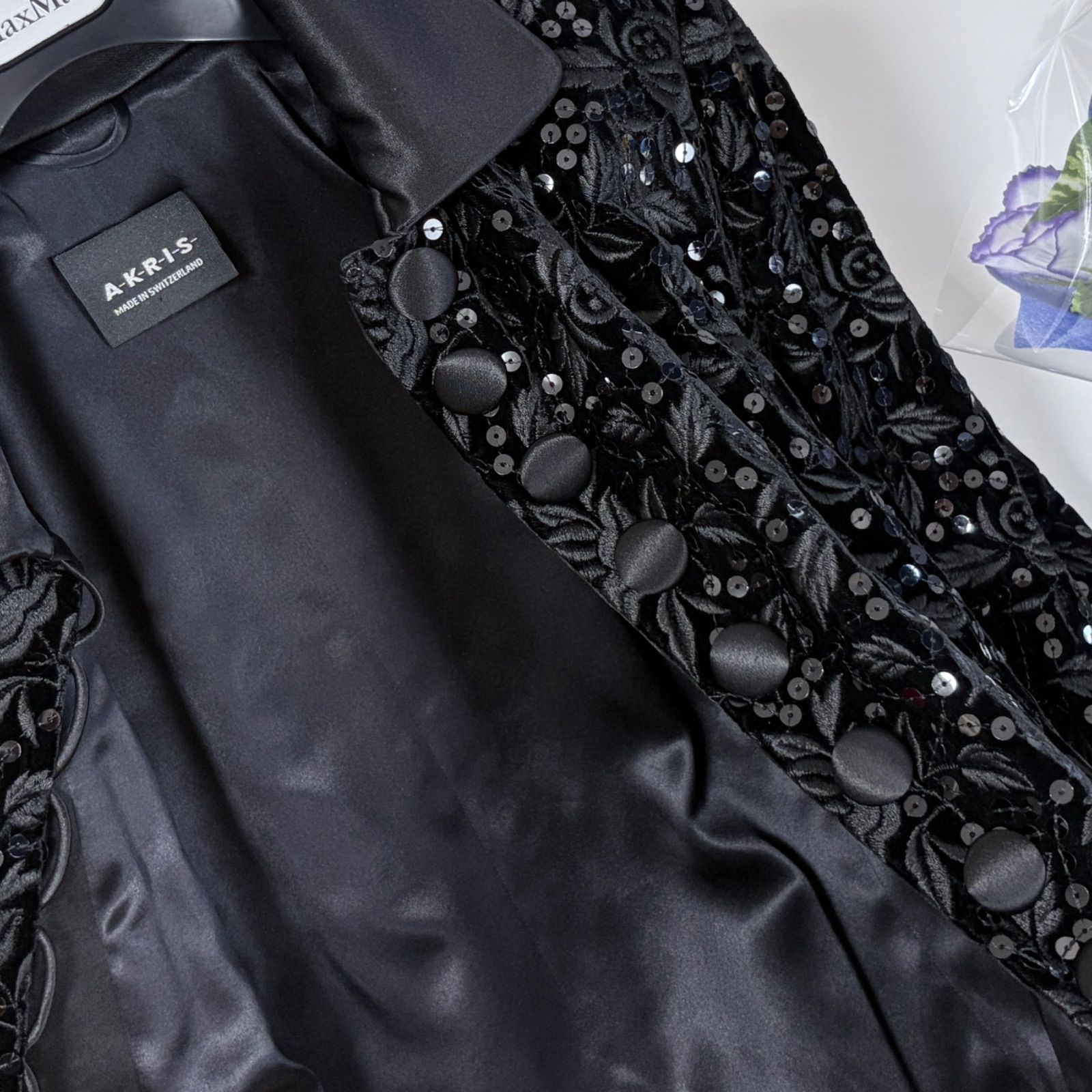 AKRIS アクリス スイス製 フラワー総刺繍 スパンコール シルクブレンド