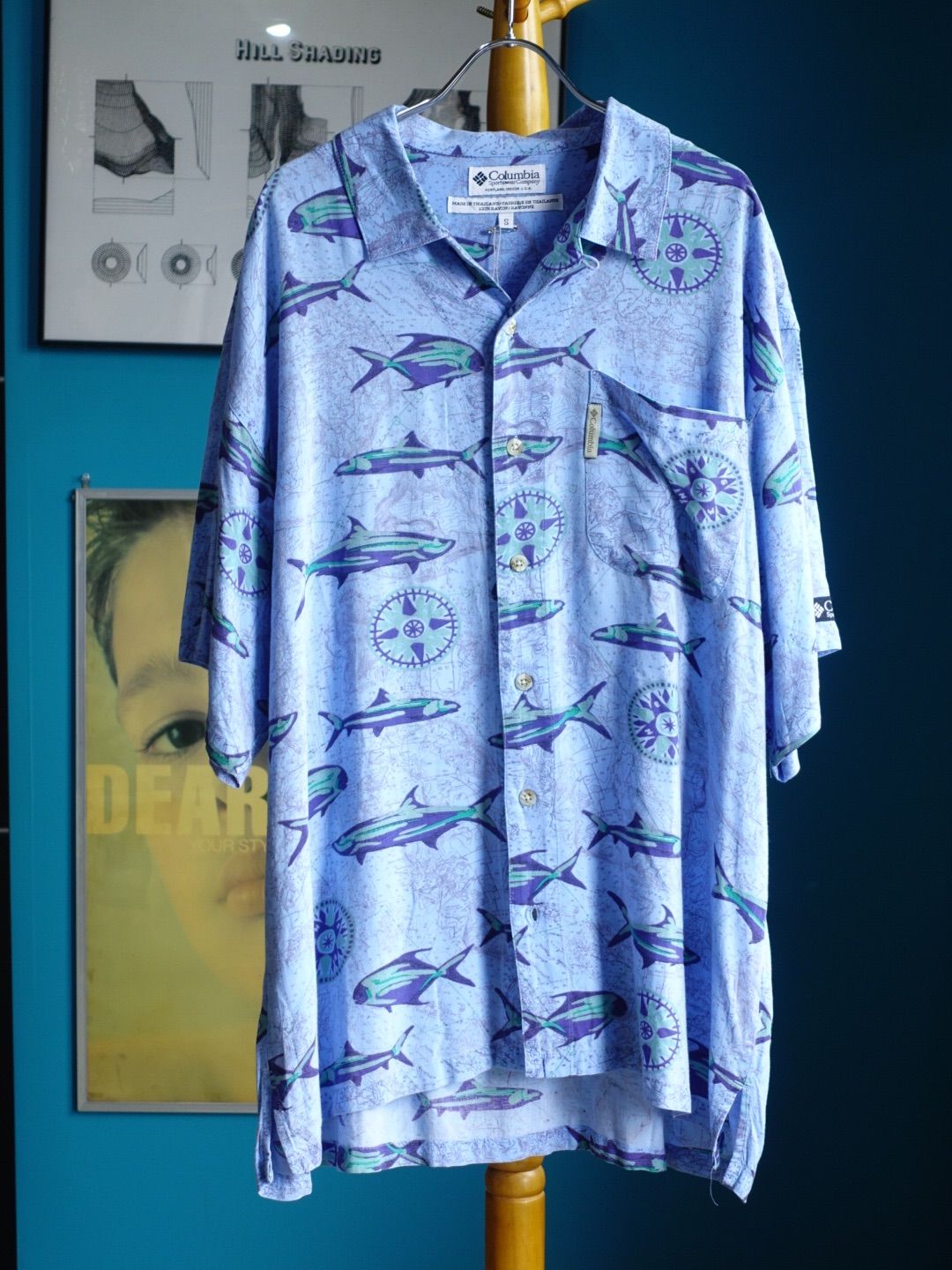 2000s Columbia コロンビア 開襟シャツ レーヨンシャツ アロハシャツ 半袖 カジキ 魚 アウトドア ブルー 大きめ