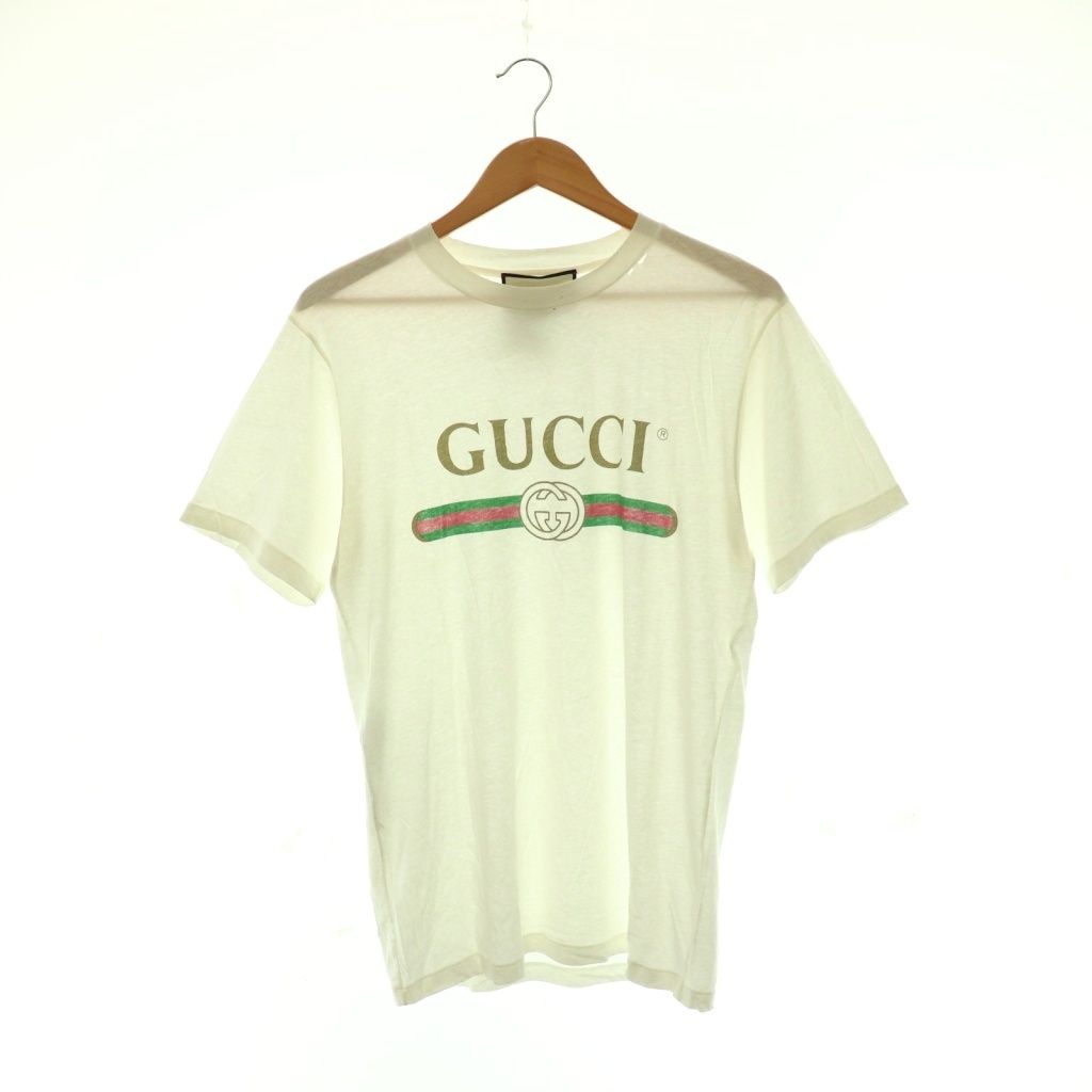 グッチ GUCCI ダメージ加工 フラワーワッペン ロゴTシャツ カットソー アイボリー マルチカラー 457095 /CX ■OS