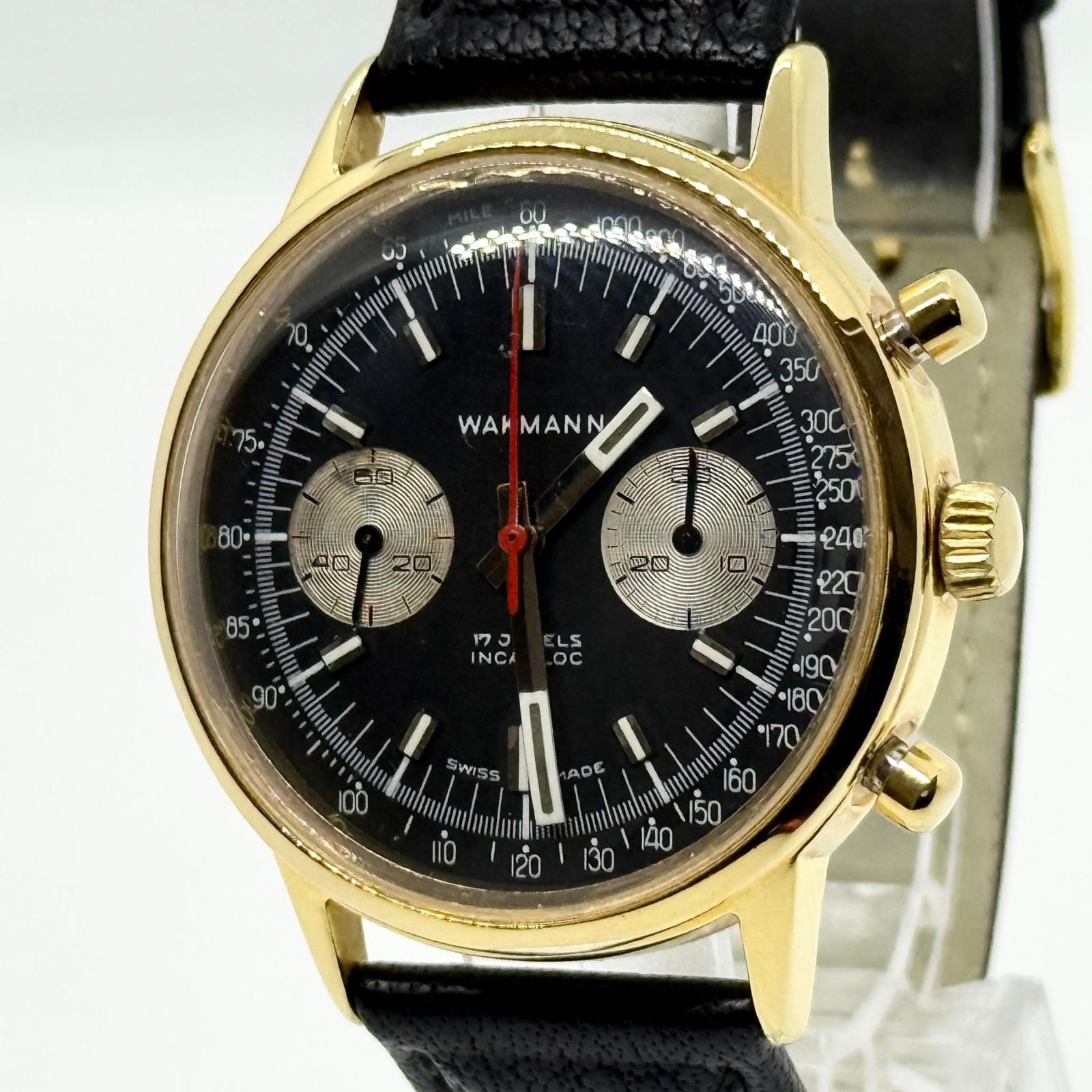 INCABLOG 17 JEWELS WAKMANN 1319 ブラック 手巻き メンズ 腕時計 稼働品 2クロノ