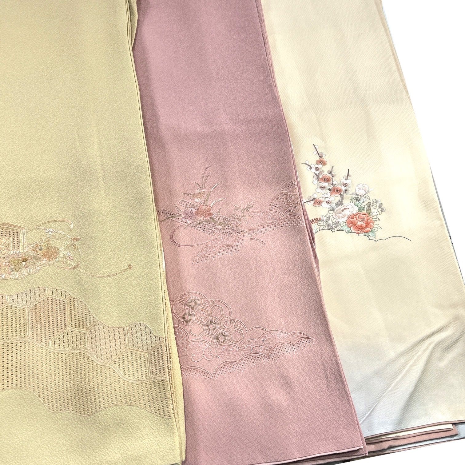 訪問着 汕頭刺繍 蘇州刺繍 落款あり 3枚 正絹 着物まとめ売り【F259 
