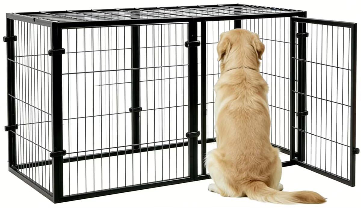 TUIYIDUO 犬 ゲージ ペットフェンス ペットサークル 140×70×80.5cm 専用屋根付き ダブルドア仕様 自由レイアウト可能 DIY 設置 脱出防止設計 組立が容易 大型・中型・小型犬対応 家庭・ペットショップ兼用 日本語説明書付き ブラック