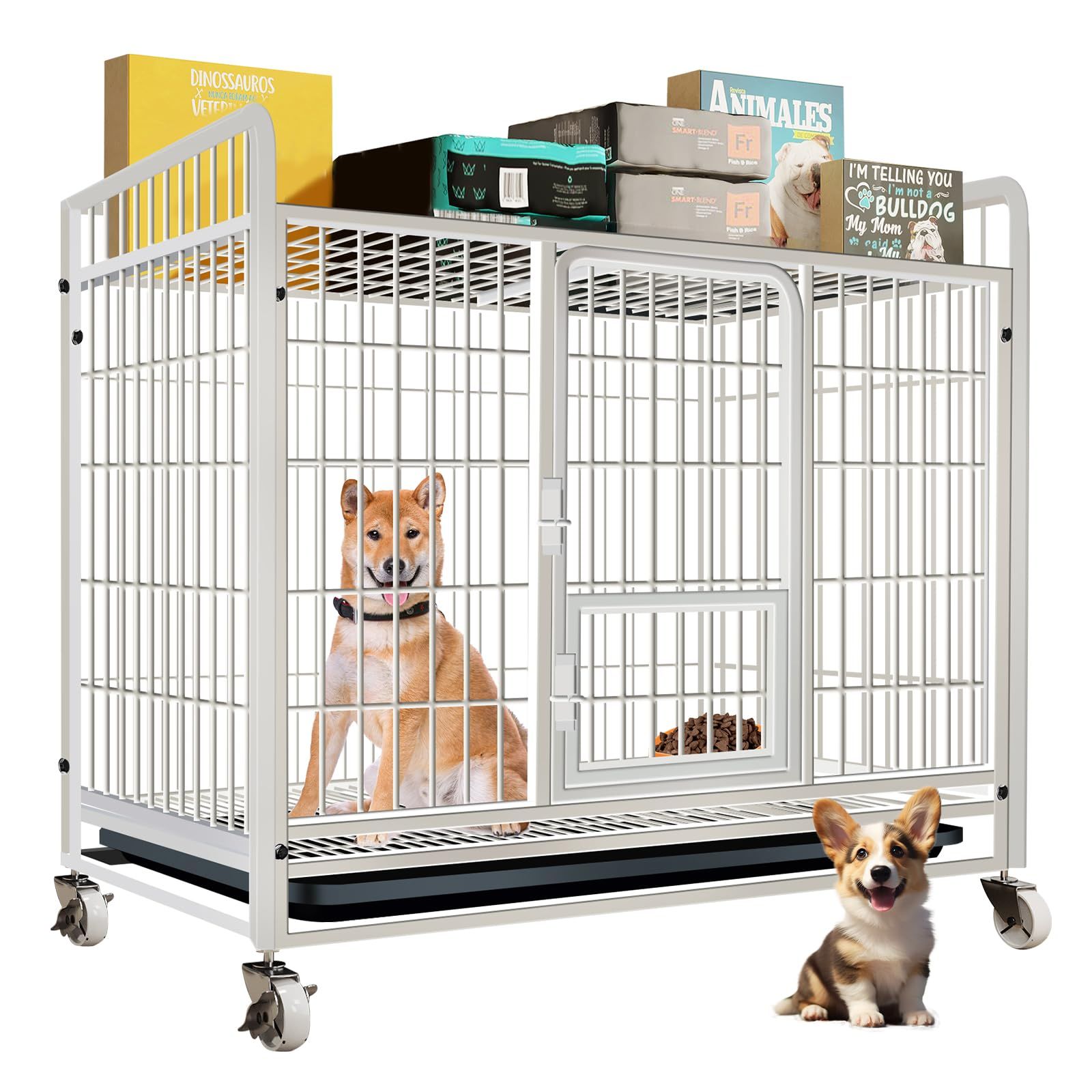GOLOKOO 犬のケージ 犬 サークル ペットサークル 屋根付き 77CMX54CMX80CM ペットケー ジ 組立簡単 掃除簡単 脱出防止 耐久性 多機能 室内外兼用 小/中/大型犬 ペット用品 犬用ケ ー ジ トレー付き 頑丈 (ホワイト)