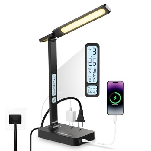 8IN1多機能 デスクライト テーブルランプ 学習机 USB Type-C端子 AC電源2口付き 電力出力 600ルーメン 90Ra演色度 タイマー機能 ナイトライト 時計付き LCDディスプレイ 日付/時刻/曜日/温度表示 タッチセンサー e4a65466