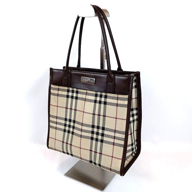 BURBERRY バーバリー ノバチェック ミニ トートバッグ キャンバス レザー ロゴプレート ブラウン ベージュ ハンドバッグ レディース ブランド 中古