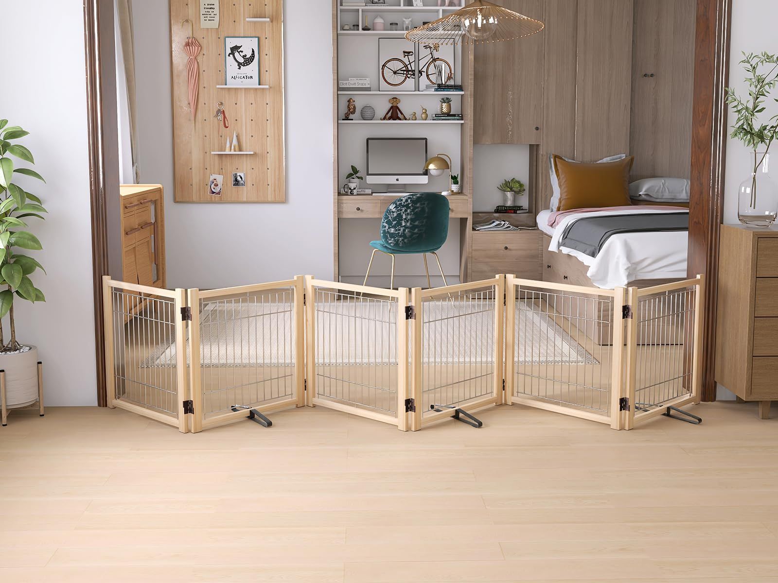 犬 ゲート ペットゲート ペットフェンス 犬用ゲート 天然木色 犬用フェンス 犬 柵 ペット用家具フェンス 安全柵 小型犬 中型犬 脱走防止 ガード 飛び出し防止 多頭飼い ペットガード(高さ58cm、長さ350cm、6つのパネル)