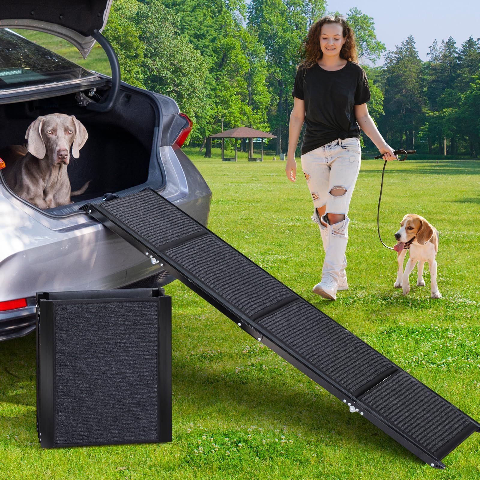 Uross 3つ折り ペット スロープ [ 全長 160cm ] アルミニウム 大型犬 段差なし 犬 スロープ 耐荷重113kg 段差 車 乗降 ドッグスロープ 通院 介護用 ヘルニア 高齢犬 シニア犬 車 乗り降り コンパクト